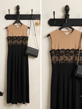 Enfocus Studio Beige Bodice with Black Lace Maxi Dress